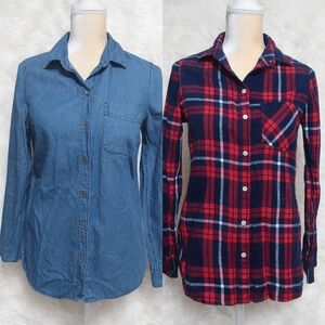 Old Navy Women’s Button-Down Shirt Bundle | Size XS Tall | Chambray + Plaid
